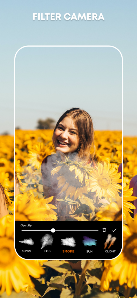 Camera Filters & Effects:LomoX - Smartphone screen showing the LomoX app interface applying a smoke effect to a photo of a woman in a sunflower field