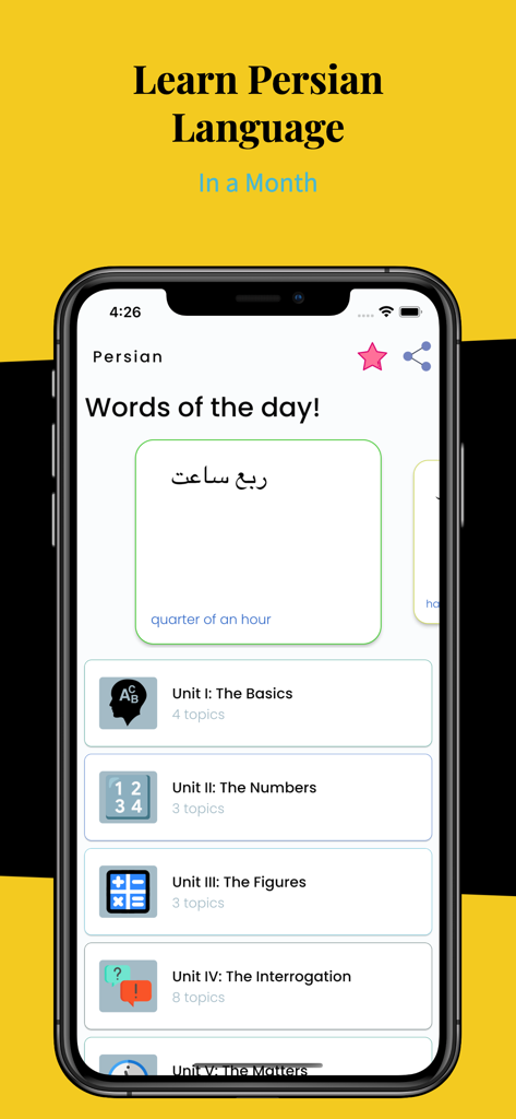 Learn Persian Language Easily - Mobile app interface for learning Persian showing a word of the day card and a list of lesson units for basics and numbers.