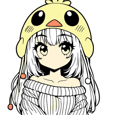 anime girl with chick shaped hat with sweater with bare shoulders with bangs covering them one eye with low tail