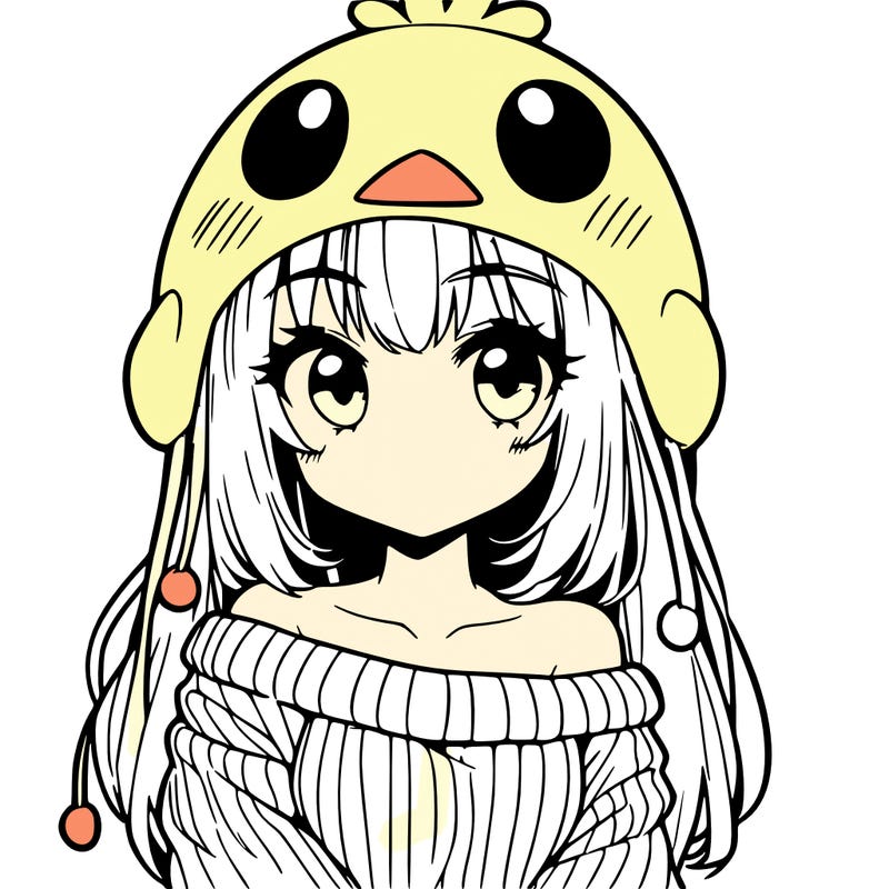 anime girl with chick shaped hat with sweater with bare shoulders with bangs covering them one eye with low tail
