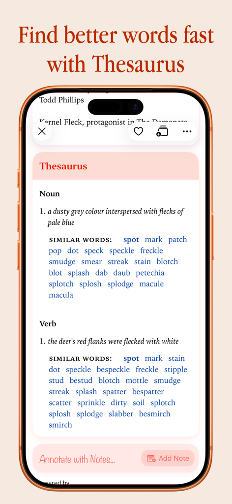LookUp: English Dictionary - Lookup app screen showing thesaurus results for the word fleck with synonyms for noun and verb forms