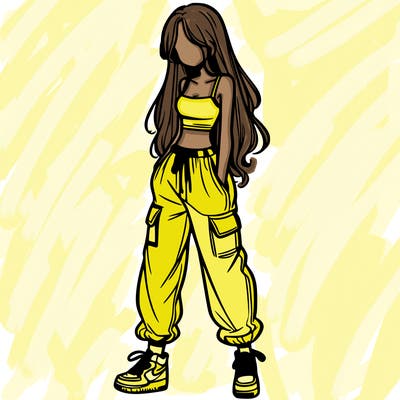 girl in baggy pants crop top and long hair