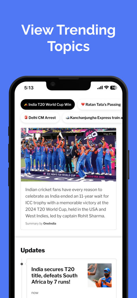 Dailyhunt app interface showing trending news topics and Indian cricket team victory updates