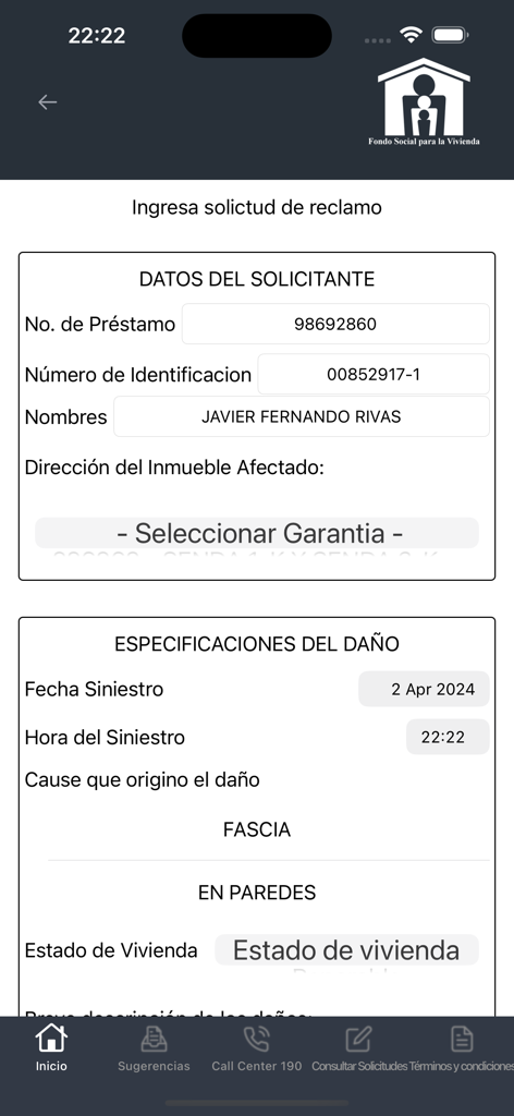 Mobile interface of the FSV APP for submitting a housing damage claim form.