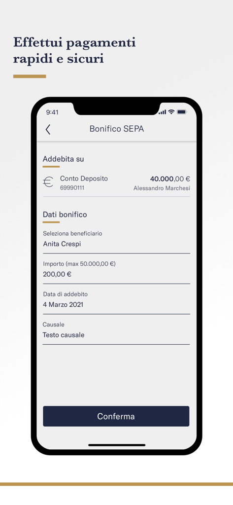 Mediobanca Premier - Interfaccia dell'app mobile Mediobanca Premier che mostra un modulo di bonifico SEPA con dettagli del beneficiario e dell'importo