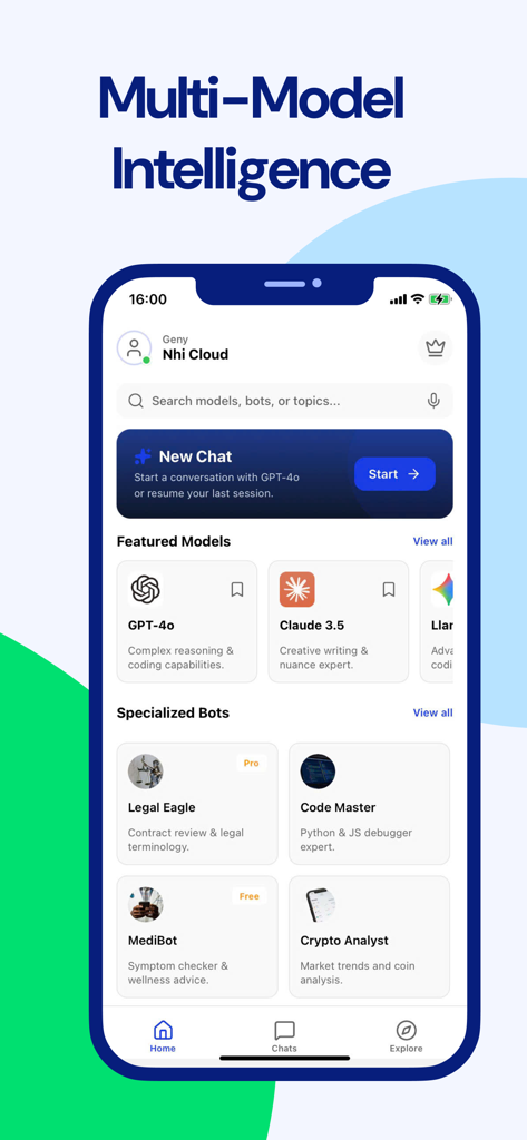 Interface of Geny AI Assistant showing various AI models and specialized bots for productivity.