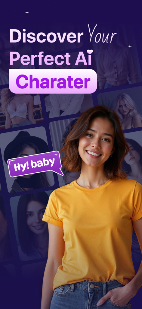 AI Girlfriend Fantasy - Rosify - Uma mulher virtual sorridente em uma camiseta amarela representando um personagem de IA no aplicativo Rosify