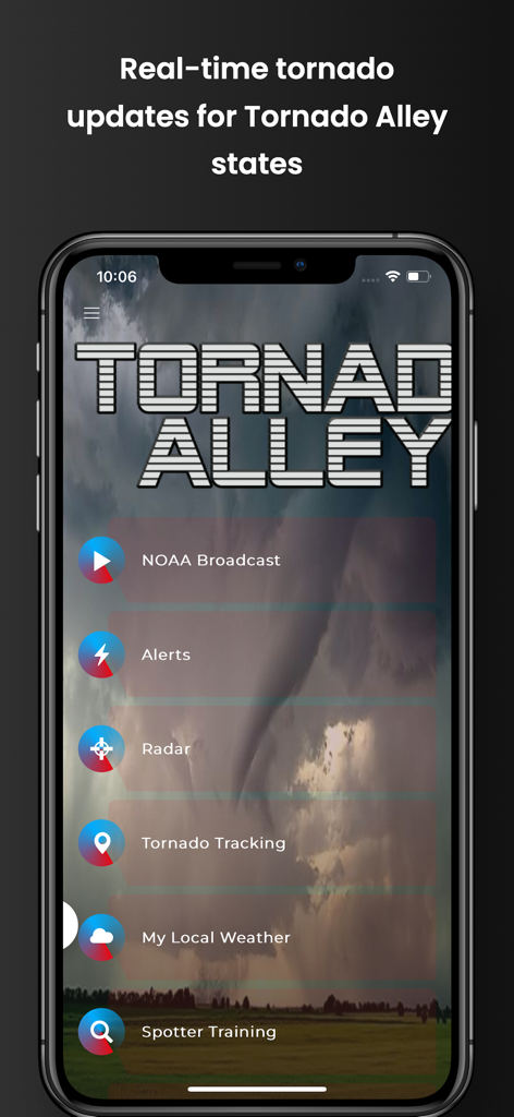 Menú principal de la aplicación Tornado Alley que muestra funciones de seguimiento y alerta meteorológica en un iPhone