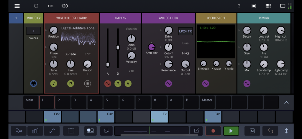 Drambo - Layout di un sintetizzatore modulare nell'app Drambo con moduli oscillatore, filtro e sequencer.