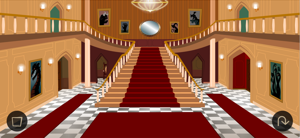 Salão de entrada principal da Bodkin Hall, com uma escadaria com tapete vermelho e retratos de arte gótica desenhados à mão.