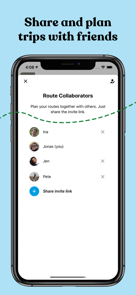 Roadie: Road Trip Planner & RV - Roadie app interface showing trip collaboration with friends.