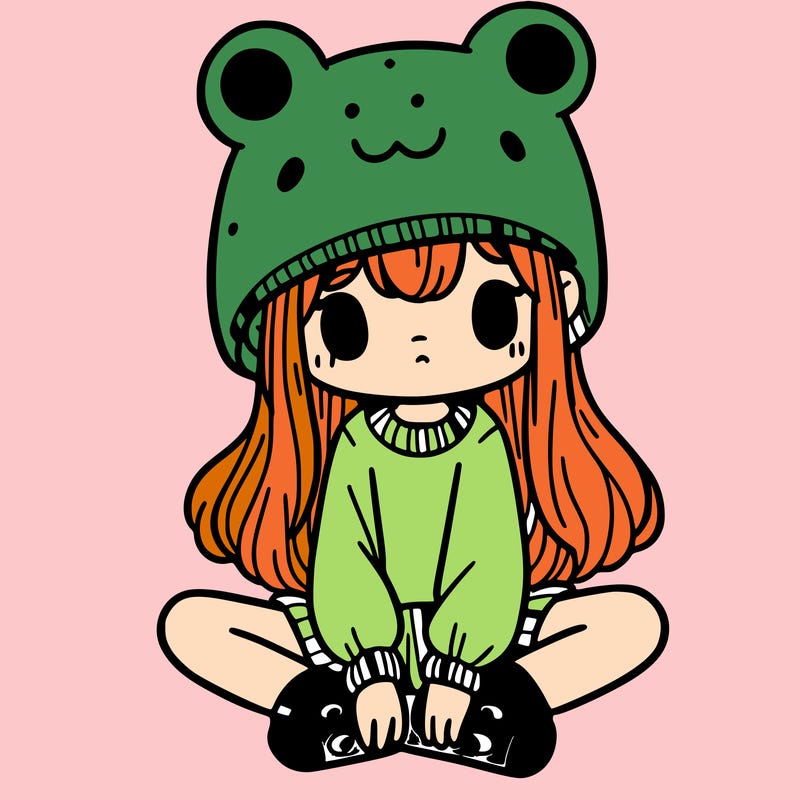 a girl wearing a frog hat and some frog socks