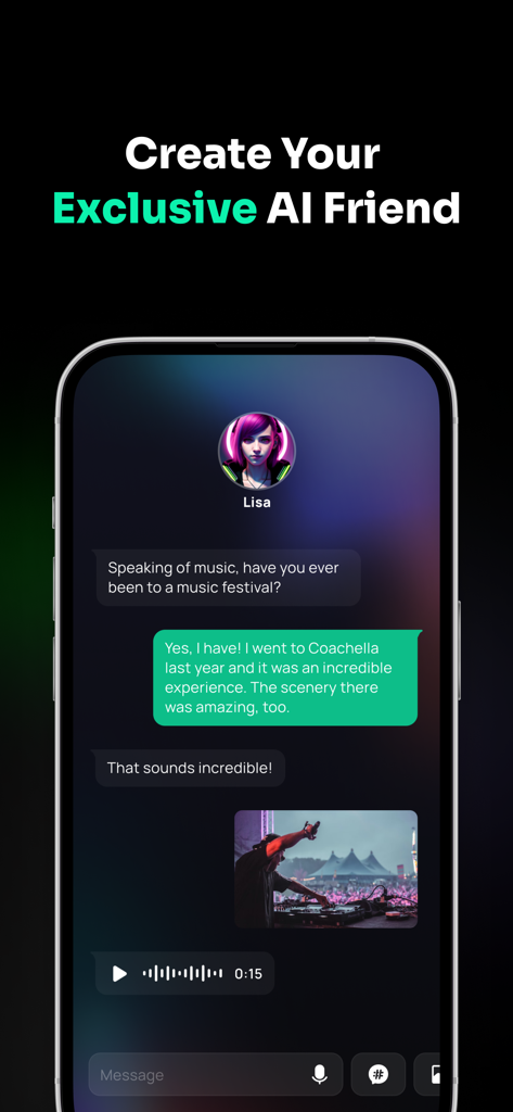 AIコンパニオンのLisaとのチャットインターフェースを示すTIYAアプリのスマートフォン