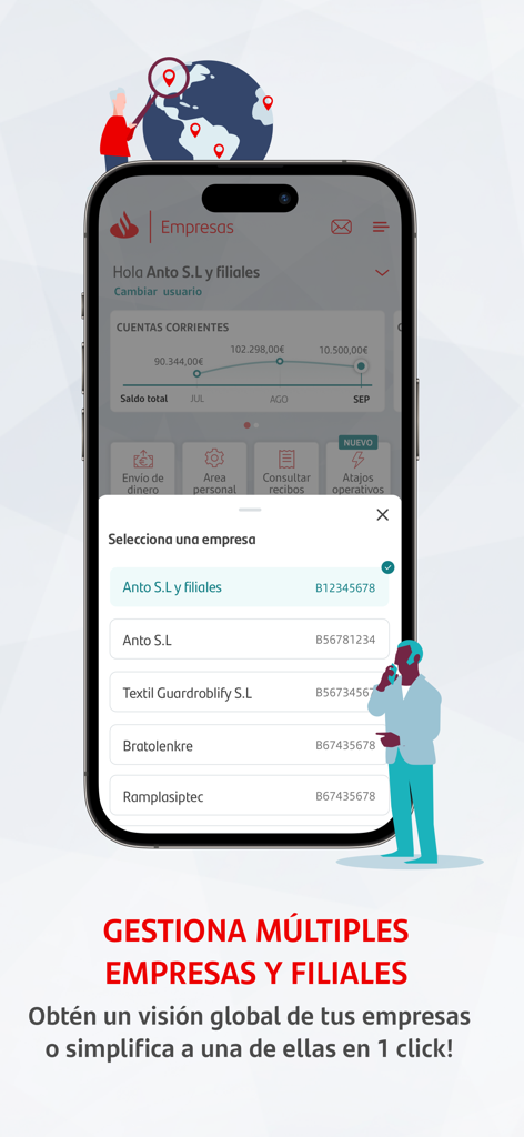 Interfaz de la aplicación Santander Empresas para gestionar múltiples empresas y filiales en un smartphone.