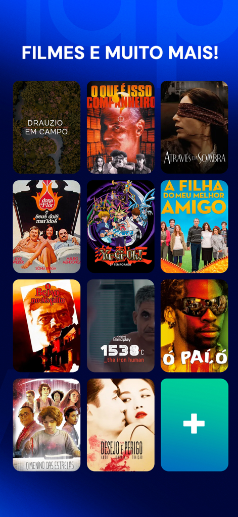 Bildschirm der Bandplay-App, der ein Raster von Filmen und Shows anzeigt, einschließlich brasilianischem Kino und internationalen Titeln