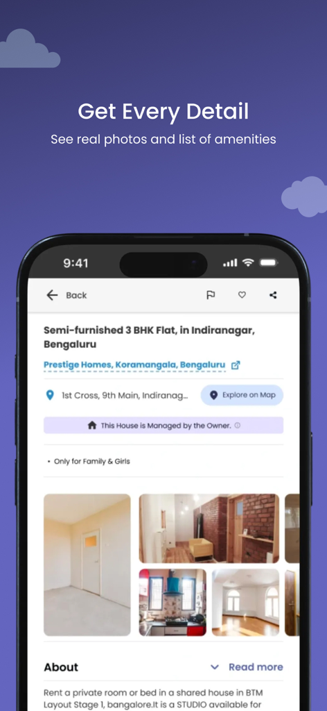 A mobile app screenshot of a property listing on NestAway showing room photos and amenities for a flat in Bengaluru