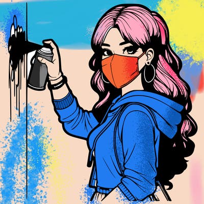 realistic girl with mask spray painting a wall