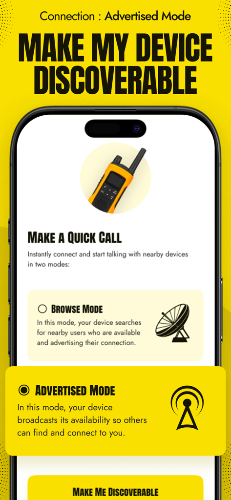 Walkie Talkie Offline - Interfaz de la aplicación Walkie Talkie Offline que muestra la configuración del modo anunciado para hacer que un dispositivo sea detectable para la comunicación local.