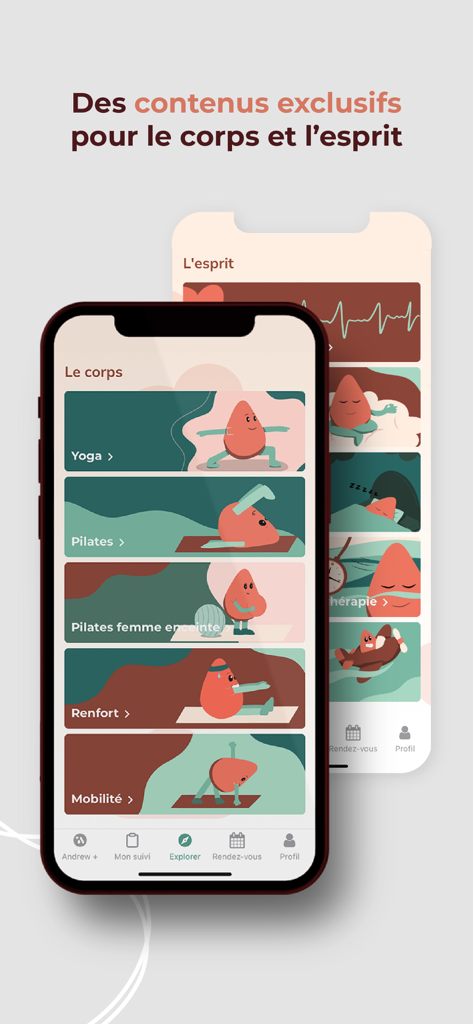 Andrew app interface displaying wellness categories for body and mind including yoga and pilates