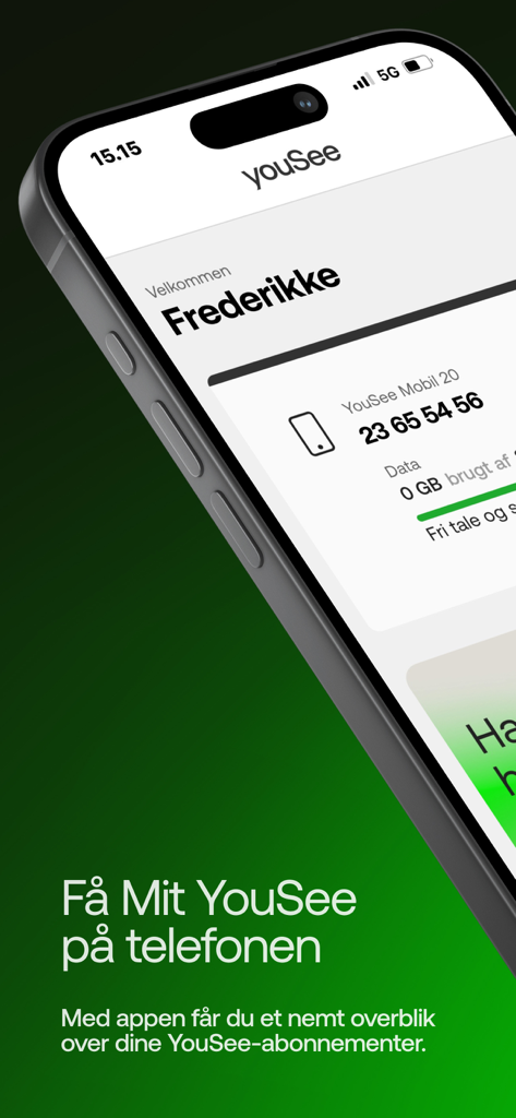Mit YouSeeアプリのダッシュボードが表示されたスマートフォン。モバイルサブスクリプションとデータ利用状況の情報が表示されています。