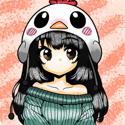 anime girl with chick shaped hat with sweater with bare shoulders with bangs covering them one eye with low tail