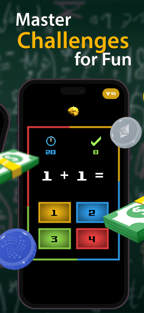 Brain Battle gameplay showing a math puzzle with a 1 plus 1 equation and potential rewards.