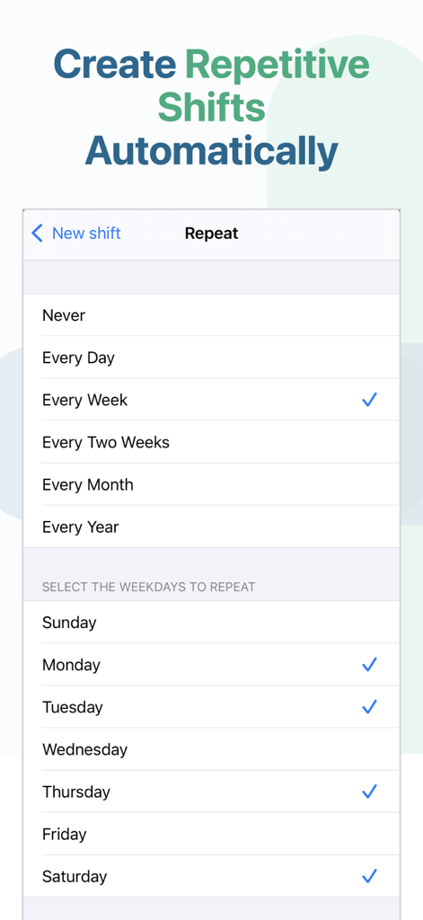 Una pantalla de aplicación móvil que muestra opciones para repetir turnos diariamente, semanalmente o en días de la semana específicos