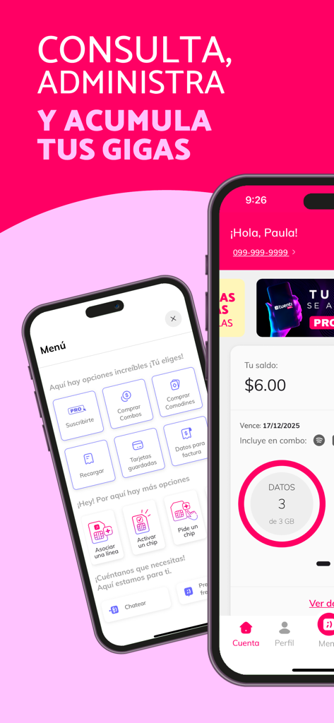 App Tuenti - Panel de control móvil de la App Tuenti mostrando el saldo de la cuenta y el uso de datos