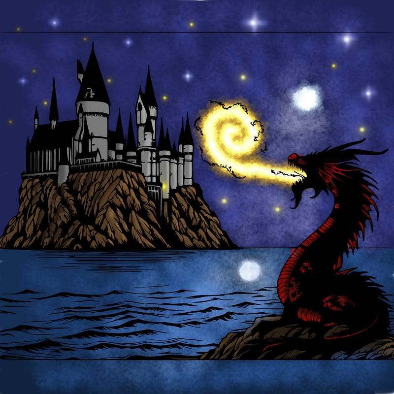 realistic harry potter castle around the ocean with a dragon breathing fire