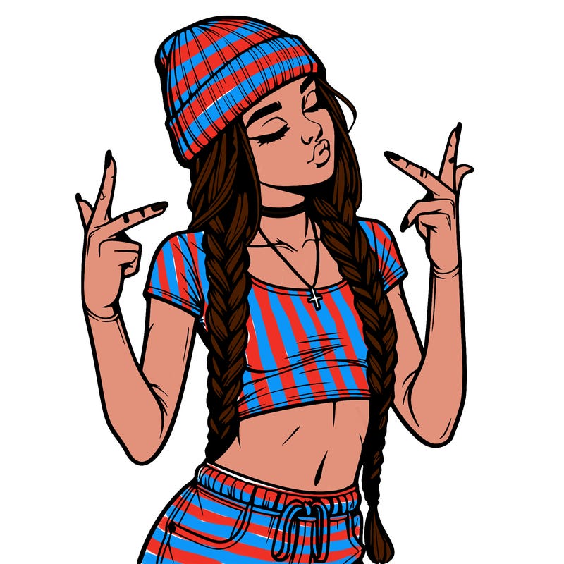 realistic teenage girl with braids and a beanie and crop top doing 🫶🏼