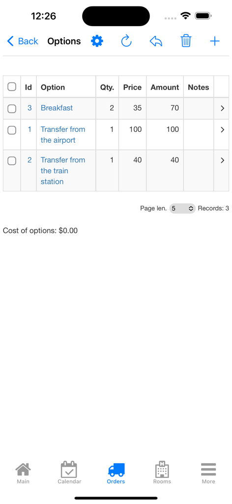 Nano Hotel Booking - List of additional booking services like breakfast and transfers in the Nano Hotel Booking app interface.