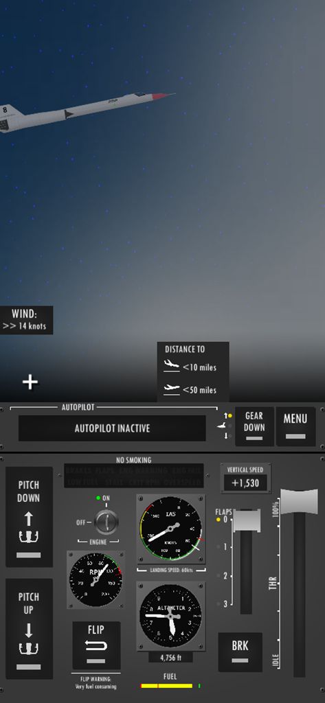 2D flight simulator cockpit showing realistic instruments and aircraft flying at night