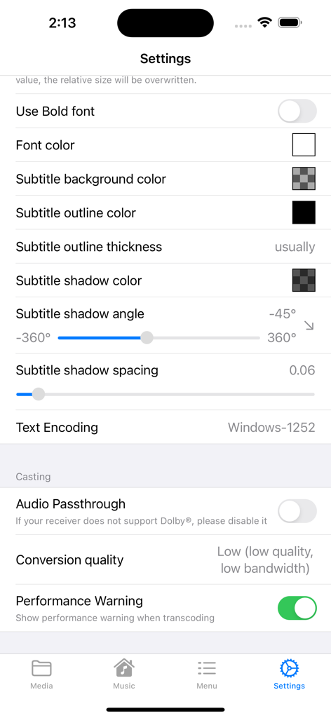 WMDPlayer - WMDPlayer-Einstellungsbildschirm mit Anzeige von Anpassungsoptionen für Untertitelstile und Medien-Casting.