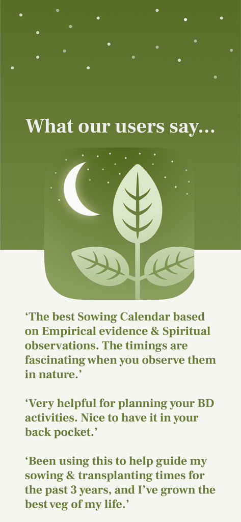 Biodynamic Gardening Calendar - A screen displaying positive user reviews for the Biodynamic Gardening Calendar app highlighting its benefits for sowing and crop planning