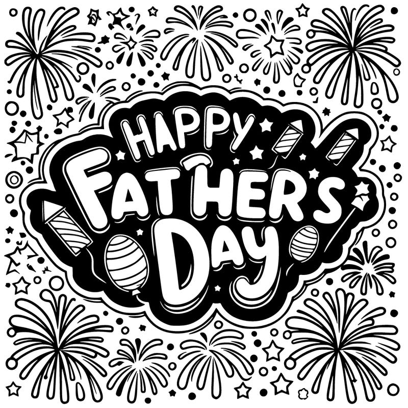 “happy father’s day” in bubble letters surrounded by fireworks