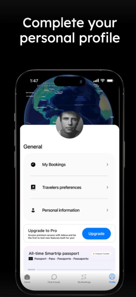 Smartrip AI - Benutzerprofil-Dashboard in der Smartrip AI Reiseassistenten-App, das Reisepräferenzen und Buchungshistorie anzeigt