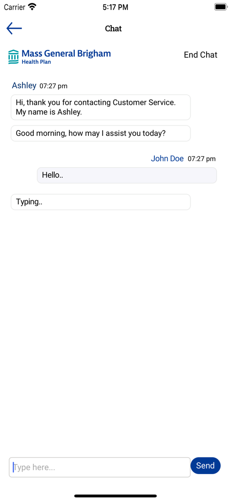 A live chat interface between a member named John Doe and a customer service representative named Ashley in the Mass General Brigham Health Plan app.