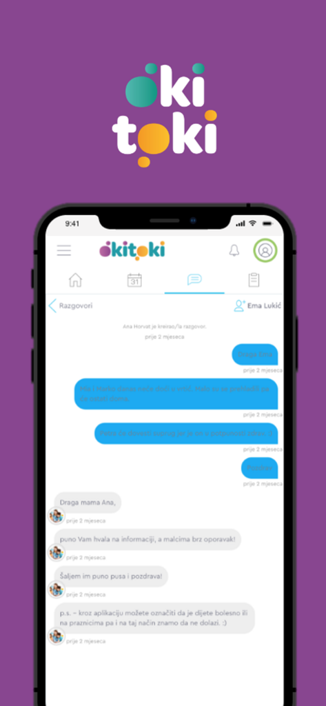 Okitoki - Okitoki mobile app showing a secure chat interface for communication between parents and educators