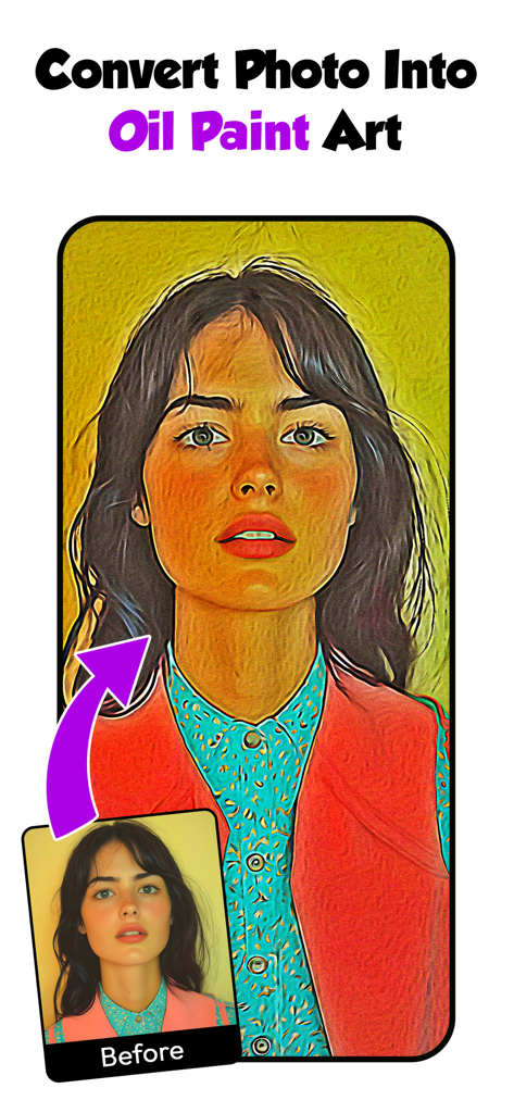 Before and after comparison of a portrait photo converted into oil paint art using ToonAI