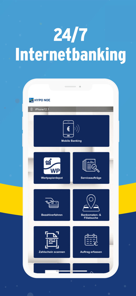 HYPO NOE 24/7 Internetbanking - Hauptmenü der HYPO NOE 24/7 Internetbanking-App auf einem Smartphone-Display mit verschiedenen Symbolen für Bankdienstleistungen
