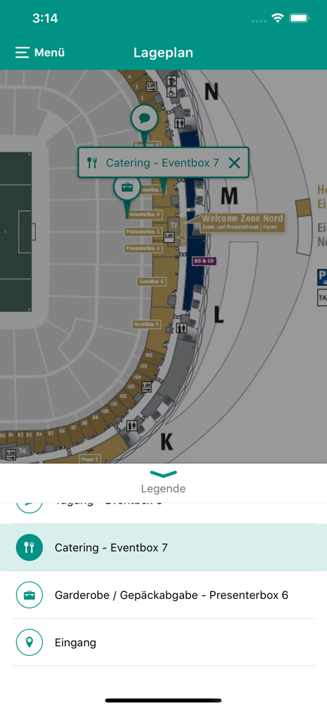 ERGO Events - Venue site plan in the ERGO Events app showing catering and facility locations.