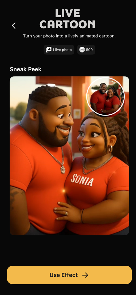 Pose: AI Photo Video Generator - La interfaz de la aplicación Pose AI que muestra una foto real de una pareja transformándose en un estilo de dibujos animados animados en 3D.