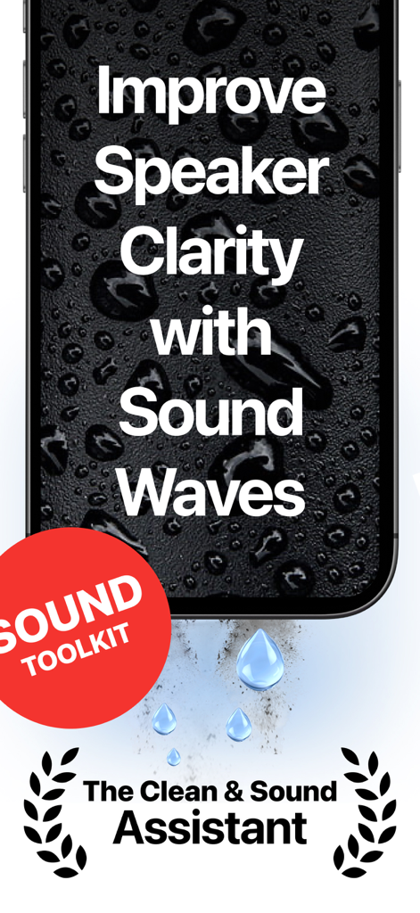 SpeakerTools: Sound Toolkit - SpeakerTools app screen showing speaker cleaning using sound waves with water droplets background