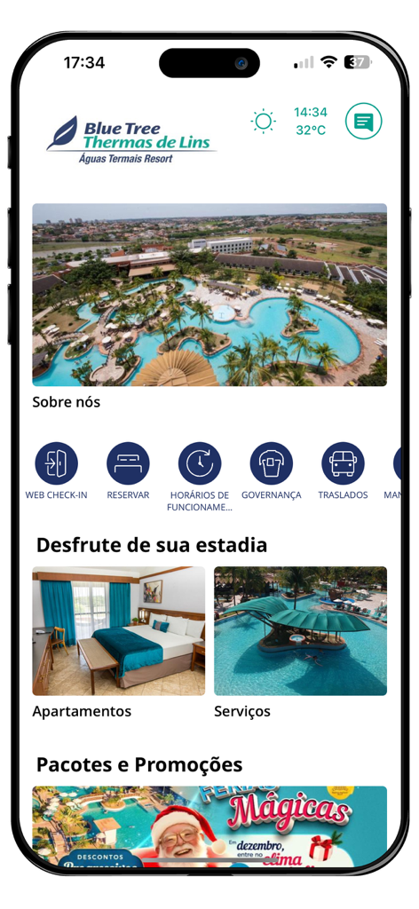 Tela inicial do aplicativo Blue Tree Thermas de Lins com imagens do resort e ícones de serviço para check-in e reservas