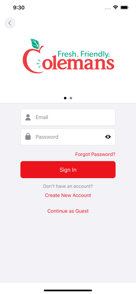 Colemans - Login screen for the Colemans grocery app featuring email and password fields with a sign in button