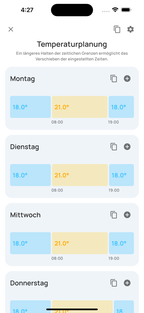 everHome - everHome app temperature planning interface showing daily heating schedules
