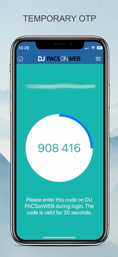 PACSonWEB - PACSonWEB mobile app interface showing a temporary one-time password code for medical professional login