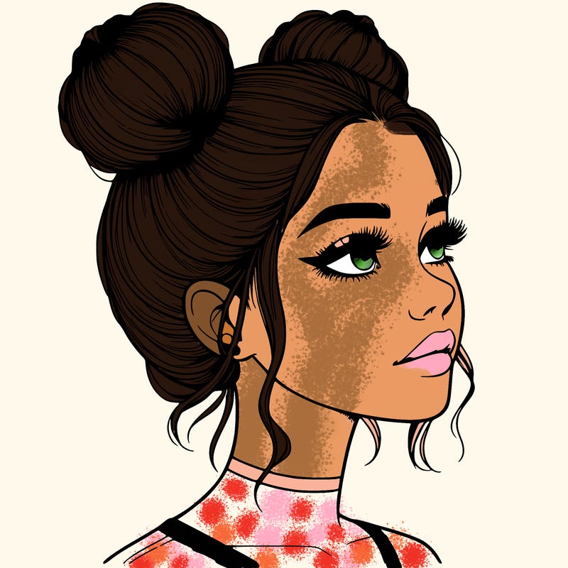 realistic girl with buns on the top of her head