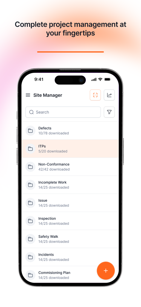 Commnia - Pantalla de la aplicación móvil Commnia Site Manager que muestra categorías del proyecto como Defectos y Paseo de Seguridad