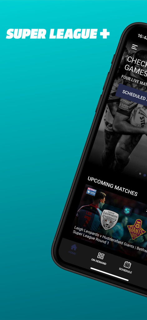 SuperLeague+ - SuperLeague plus 모바일 앱 인터페이스에 예정된 럭비 경기 및 탐색 아이콘이 표시됩니다.